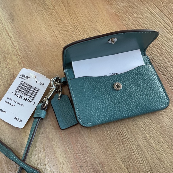 Coach NWT Boxed Teal Blue Pebble Leather Card Pouch W/Strap - Picture 10 of 10